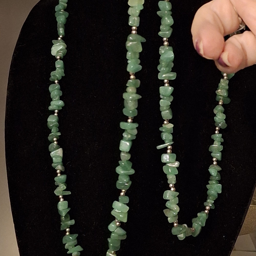 Adventurine Natural Green Stone and Silver Beaded 30" Necklace - Picture 3 of 6